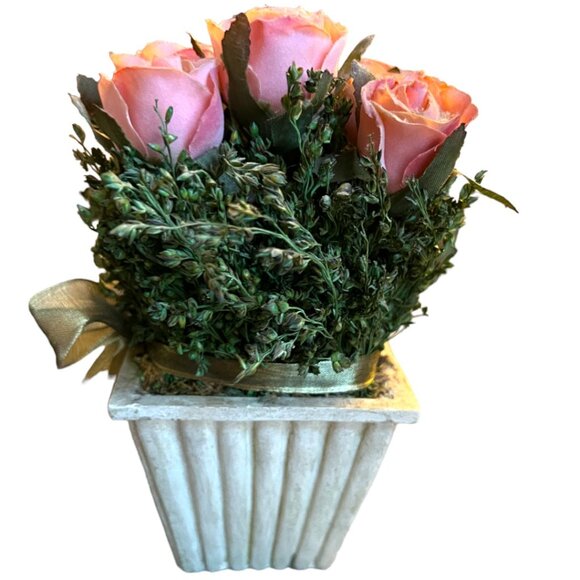 Silk Pink Tea Rose Plant Resin Planter Gold Wire Ribbon 7" Tall x 5.5" Square - Picture 9 of 13